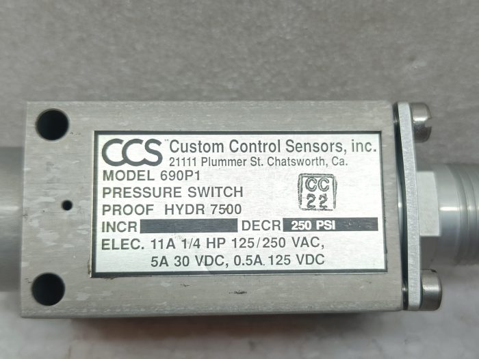 Custom Control Sensors CCS Model 690P1 Pressure Switch DECR 250 psi